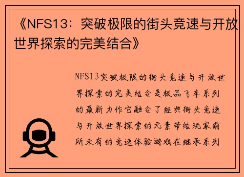 《NFS13：突破极限的街头竞速与开放世界探索的完美结合》