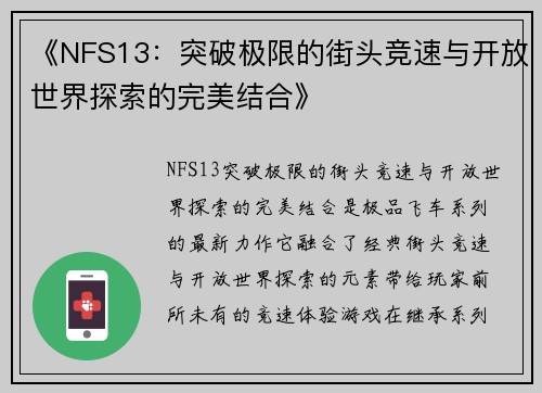《NFS13:突破极限的街头竞速与开放世界探索的完美结合》 《NFS13:突破极限的街头竞速与开放世界探索的完美结合》